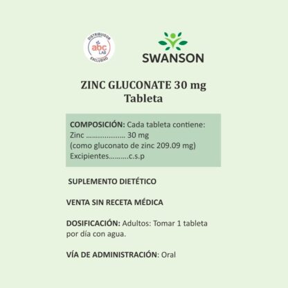 SWANSON - ZINC GLUCONATE 30mg - 250 tabs100 caps x 3und - Imagen 3